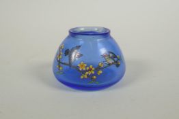 A Chinese Peking glass bird feeder with polychrome enamel bird decoration, seal mark to base, 5cm