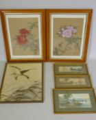 A pair of Chinese screen prints on silk, botanical studies, in birds eye maple frames, 35 x 50cm a