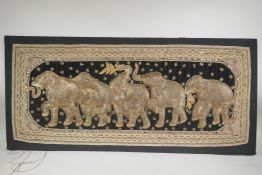 A vintage Burmese Kalaga (stumpwork) elephant textile with metal sequins, crystal and glass beads,
