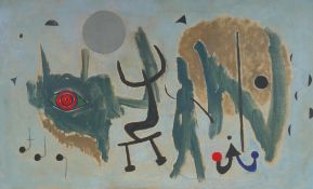 In the manner of Joan Miro, surrealist composition, oil on canvas, 45 x 79cm, unframed