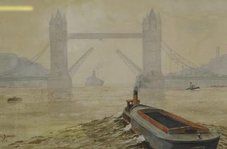 A.H. Jeffries, Tower Bridge, Misty Morning, signed and dated 1954, 60 x 46cm; garden scene, signed