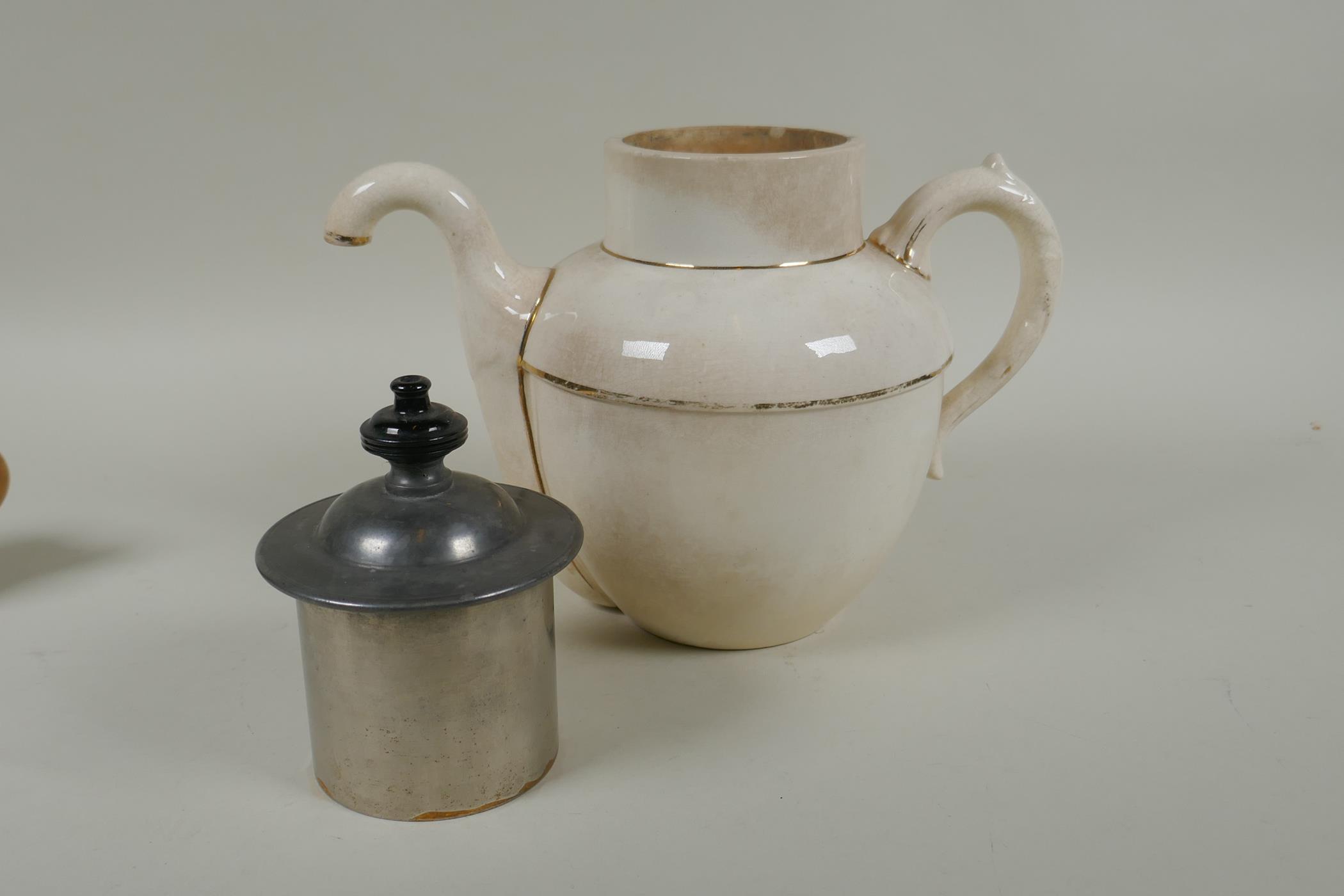 A C19th Burslem Royal patent self pouring teapot, an early stoneware mug with transfer decoration of - Image 5 of 9