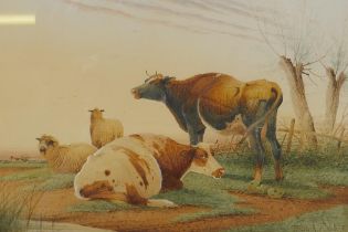 Frederick E. Valter, sheep and cattle in a spring landscape, signed, watercolour, 29 x 20cm