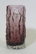 A Whitefriars large aubergine colour bark textured glass vase, designed by Geoffrey Baxter,