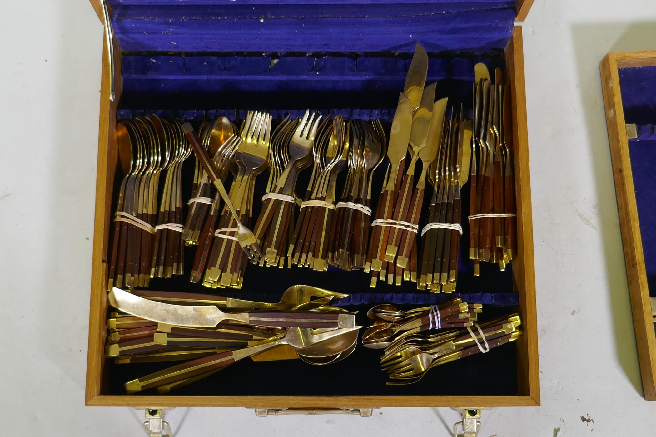 A canteen of brass and rosewood cutlery, probably Thai or Malaysian, 12 place settings - Image 3 of 7