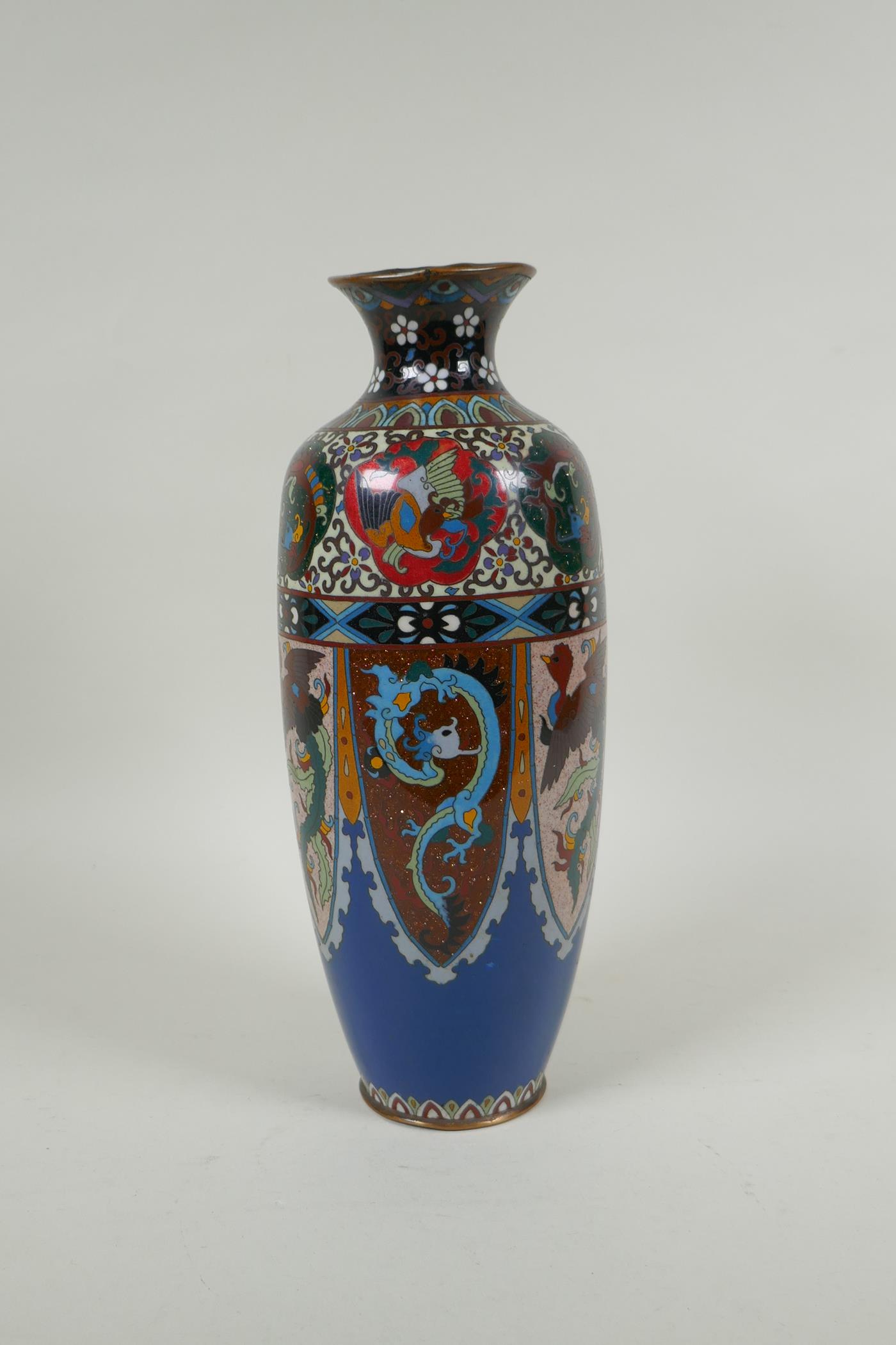 A Japanese Meiji period cloisonne vase with decorative panels depicting dragons and phoenix, 30cm - Image 2 of 9