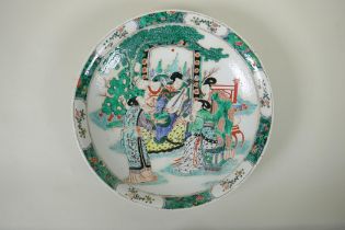 A Chinese KangXi style famille vert porcelain charger, decorated with women playing music, mark to