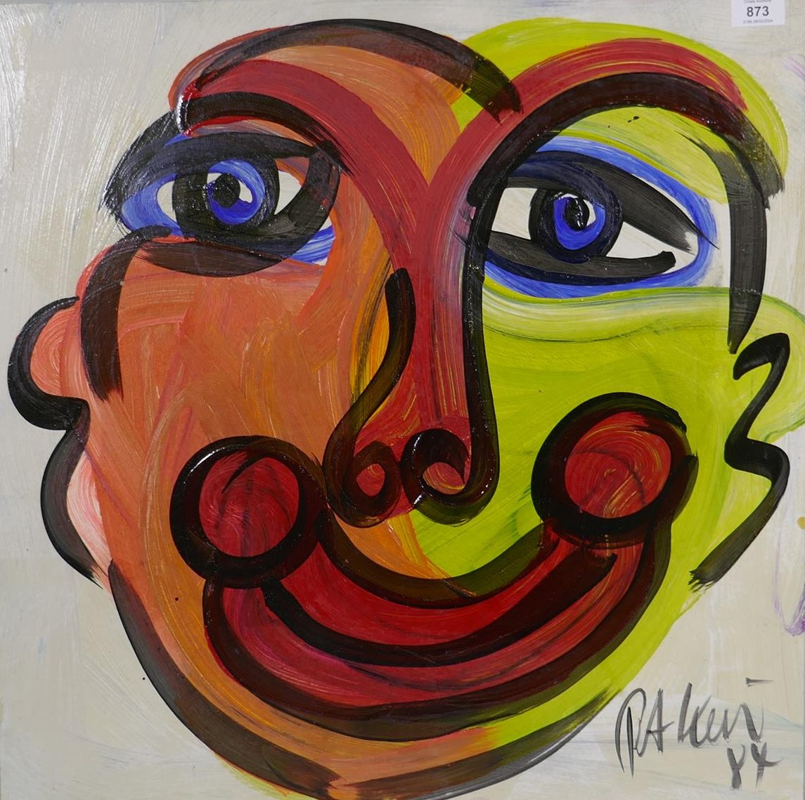 Peter Keil, abstract face, signed and dated 84, oil on board, 61 x 61cm