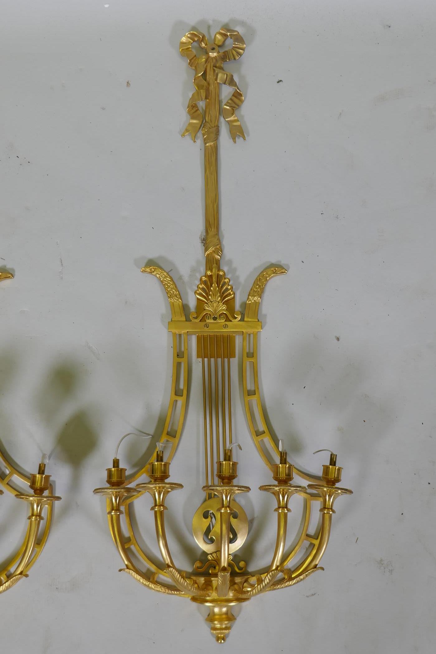 A pair of ormolu empire style five branch wall sconces of lyre form, 97cm high - Image 4 of 4