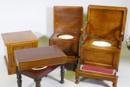 A Victorian mahogany step commode, the rising top with fold out arms, a bidet, carved walnut commode