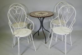 A set of four white painted metal bistro elbow chairs and a tile top bistro table, 60cm diameter