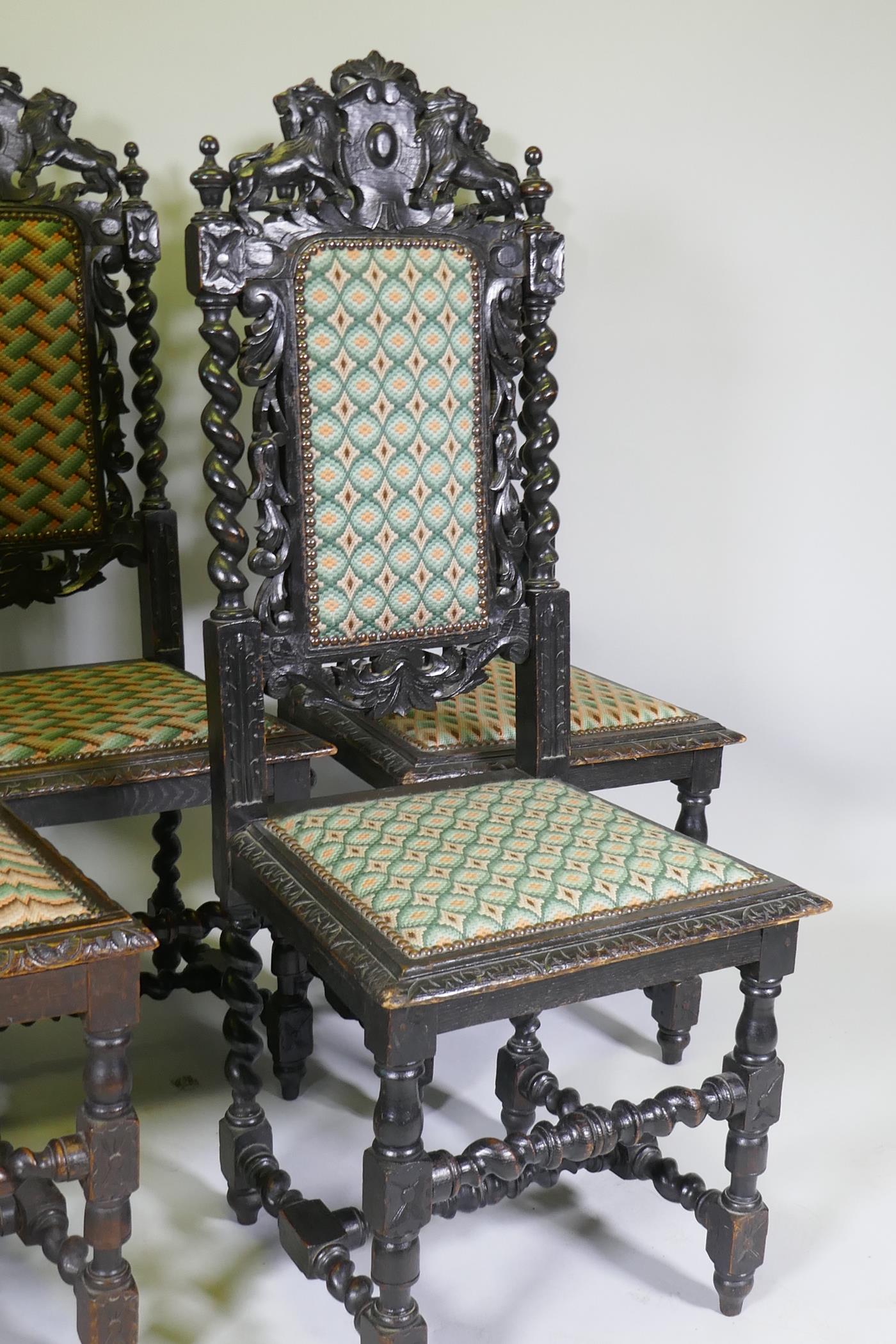 A set of five Jacobean style carved oak highback chairs - Image 2 of 4