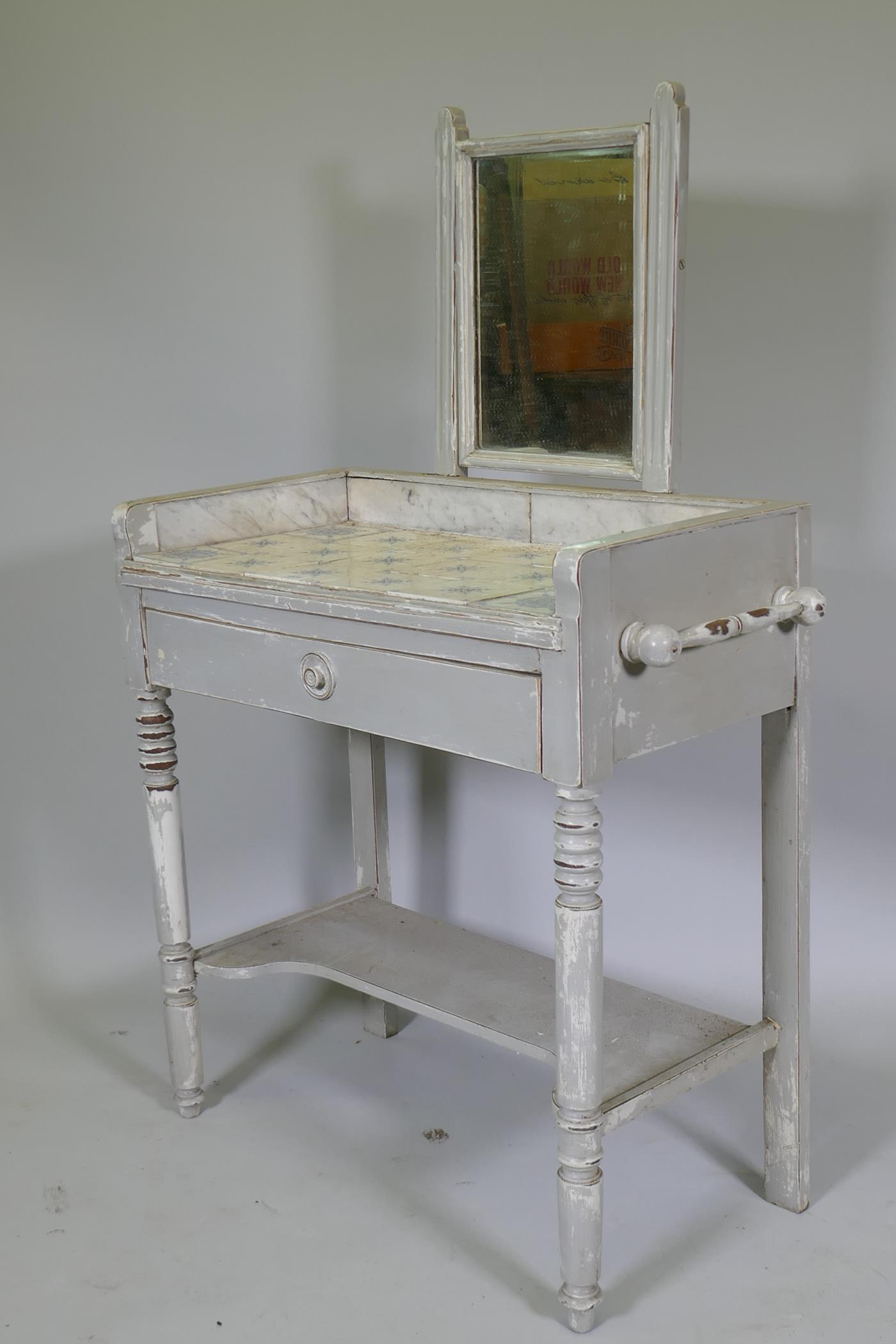 A C19th French painted dressing table, with swing mirror and three quarter marble gallery tiled - Image 4 of 4