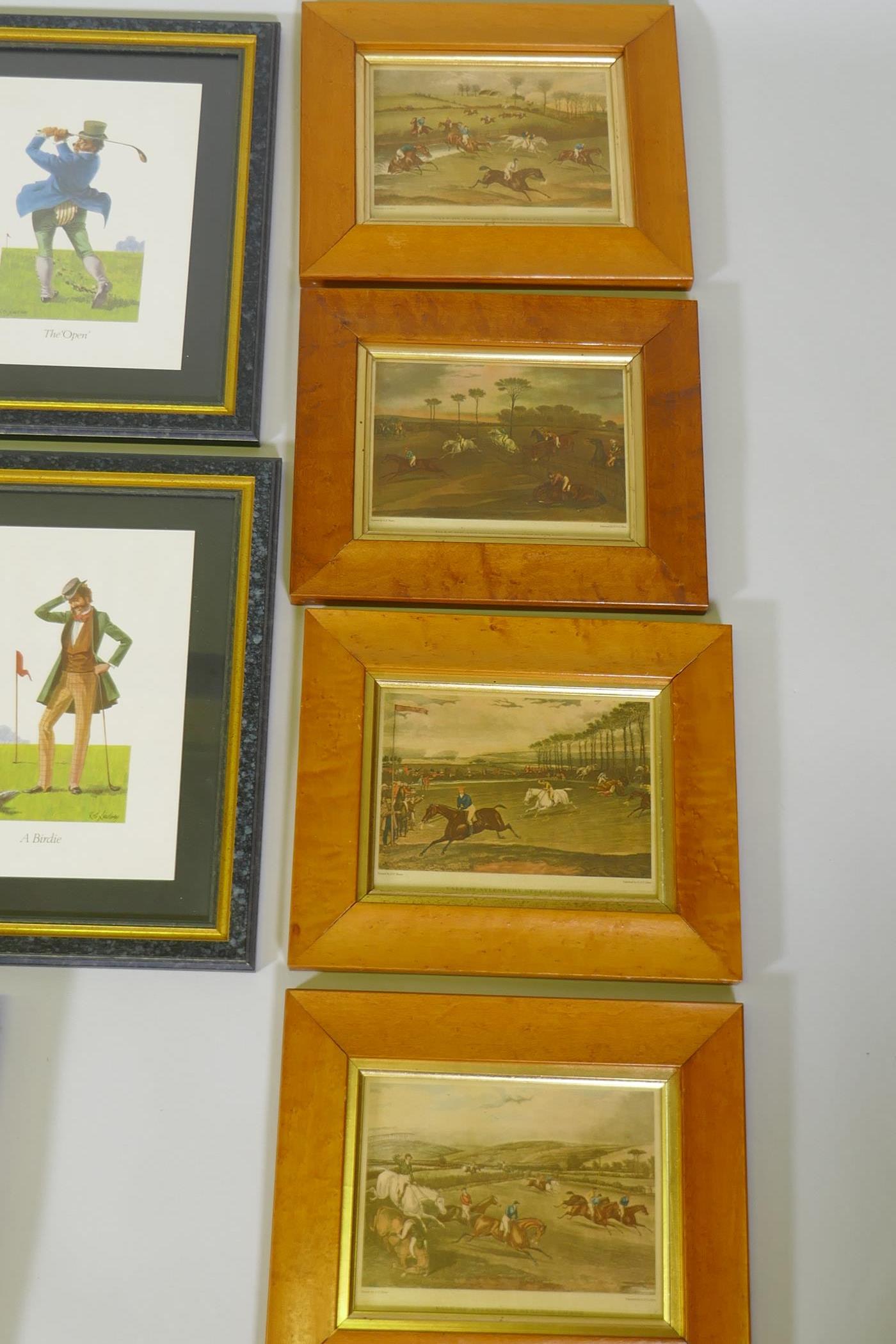 After R.S. Lindsay, eight humorous golfing prints, framed, frame 30 x 38cm, four hunting prints in - Image 3 of 6