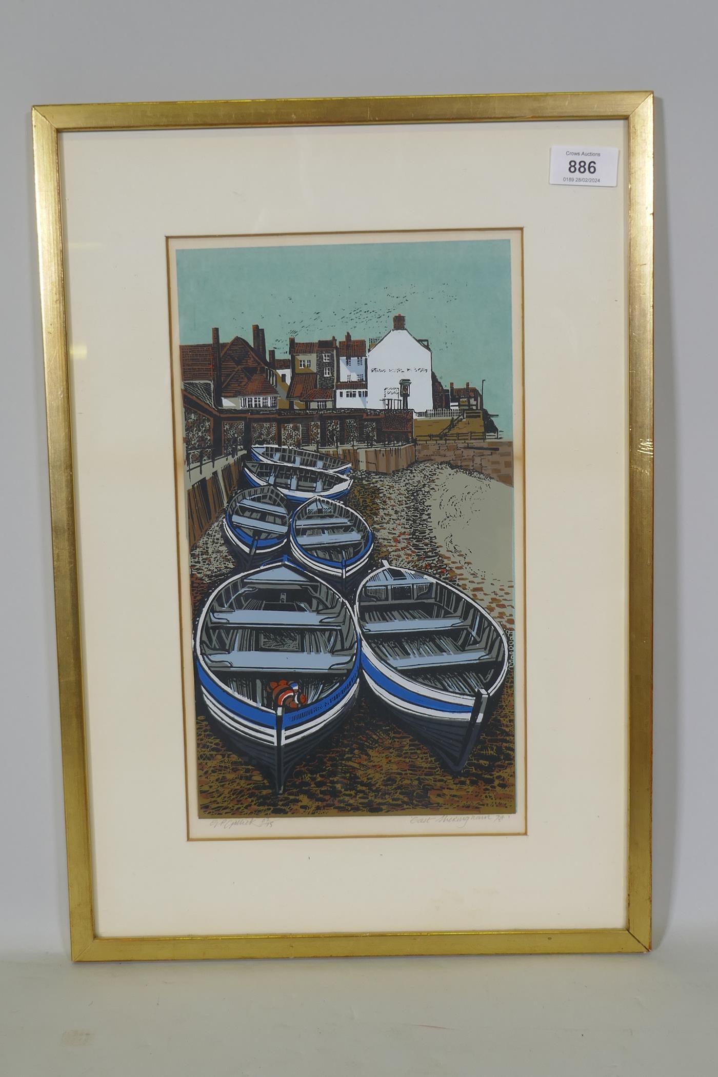 G.P. Gillick, East Sheringham, boats on the foreshore, signed limited edition screenprint, 2/75, - Image 3 of 3
