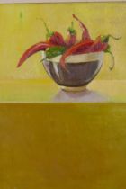 Still life, bowl of chillies, signed Caryl, oil on canvas, 36 x 46cm