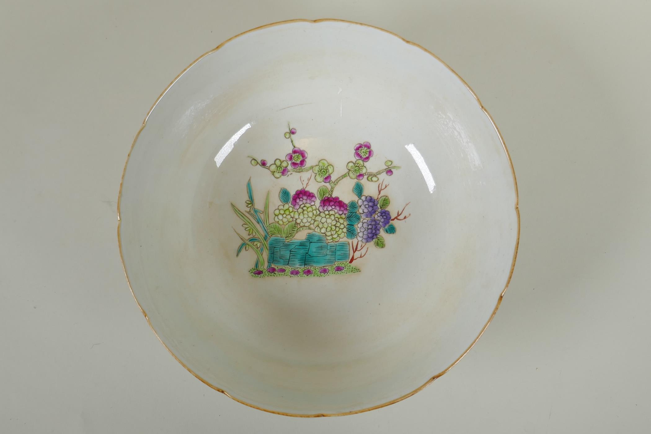 A C19th Chinese famille rose porcelain bowl with lobed rim, decorated with birds amongst asiatic - Image 2 of 7