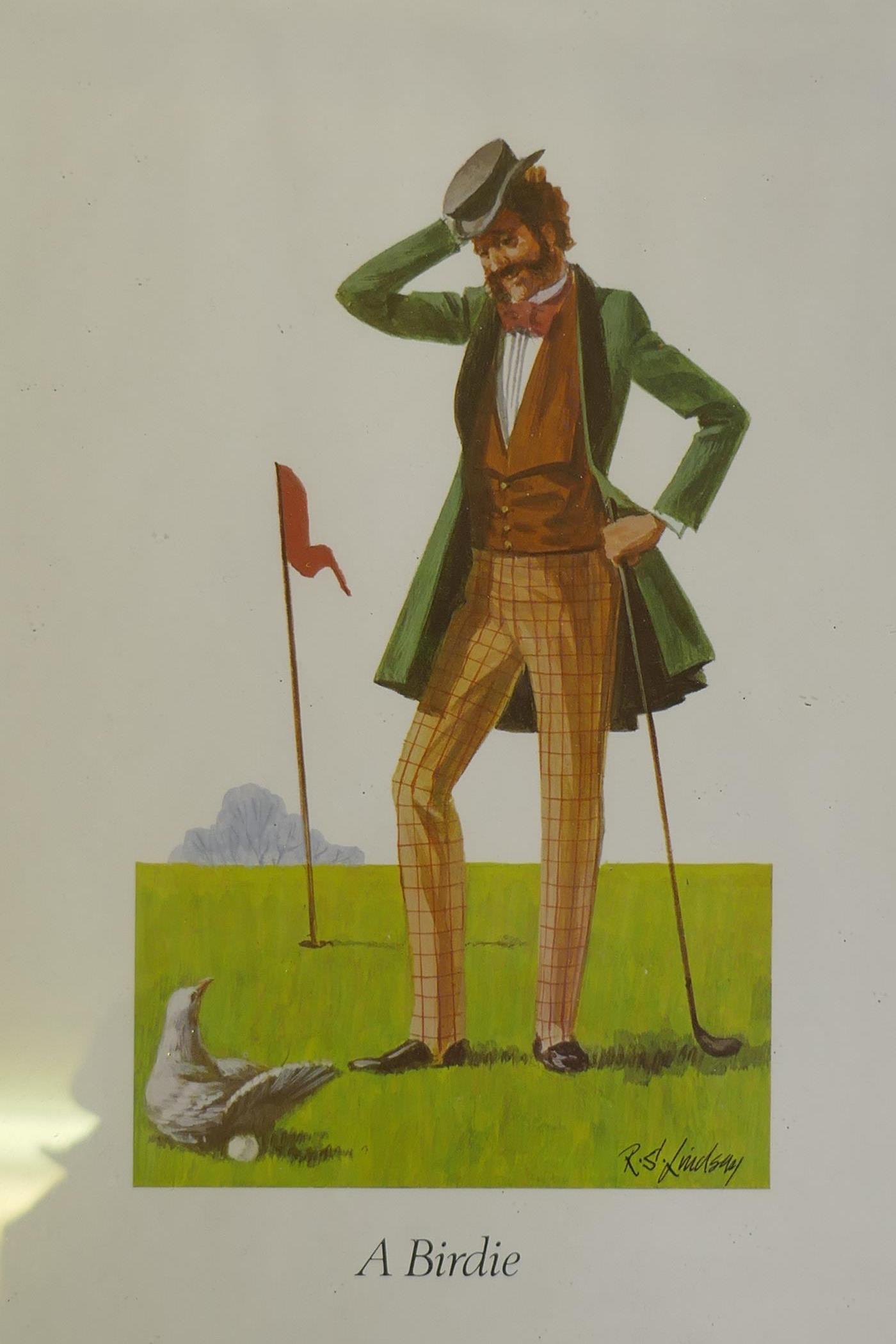 After R.S. Lindsay, eight humorous golfing prints, framed, frame 30 x 38cm, four hunting prints in - Image 5 of 6