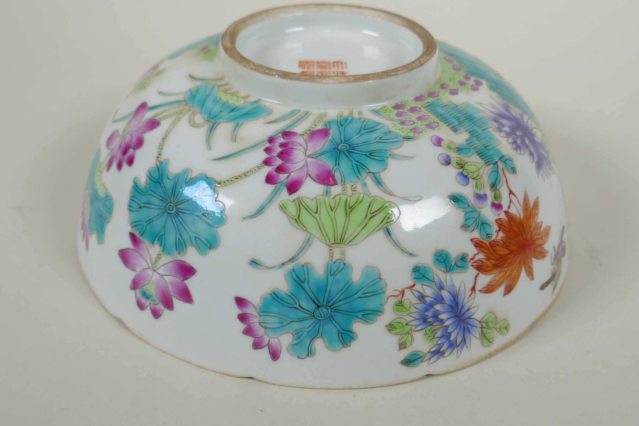 A C19th Chinese famille rose porcelain bowl with lobed rim, decorated with birds amongst asiatic - Image 6 of 7