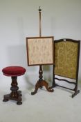 A Victorian revolving piano stool raised on carved baluster shaped column and platform base, a