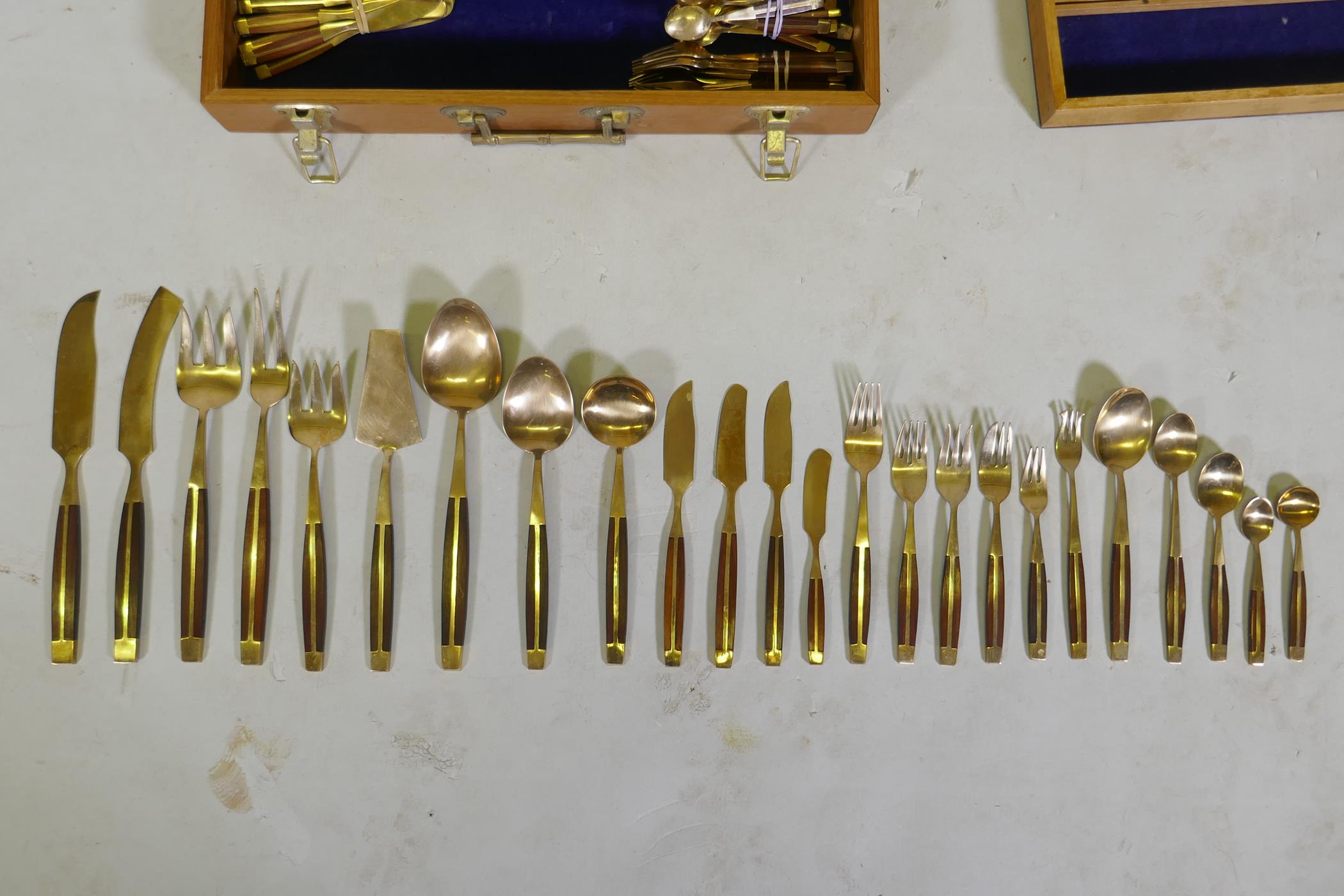 A canteen of brass and rosewood cutlery, probably Thai or Malaysian, 12 place settings - Image 4 of 7