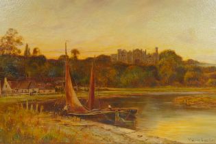 William Langley, sailing barges on the River Arun with castle beyond, signed, oil on canvas, 50 x