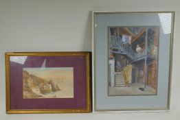 Coastal scene, monogramed indistinctly, C19th watercolour, and a courtyard scene with figure and