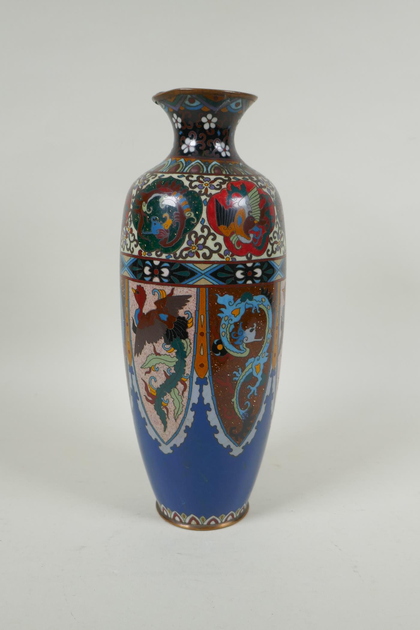 A Japanese Meiji period cloisonne vase with decorative panels depicting dragons and phoenix, 30cm - Image 3 of 9