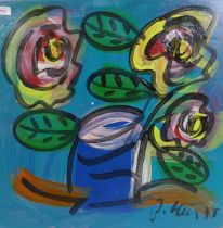 Peter Keil, flowers, signed, inscribed verso, Berlin 1975, oil on board, 61 x 61cm