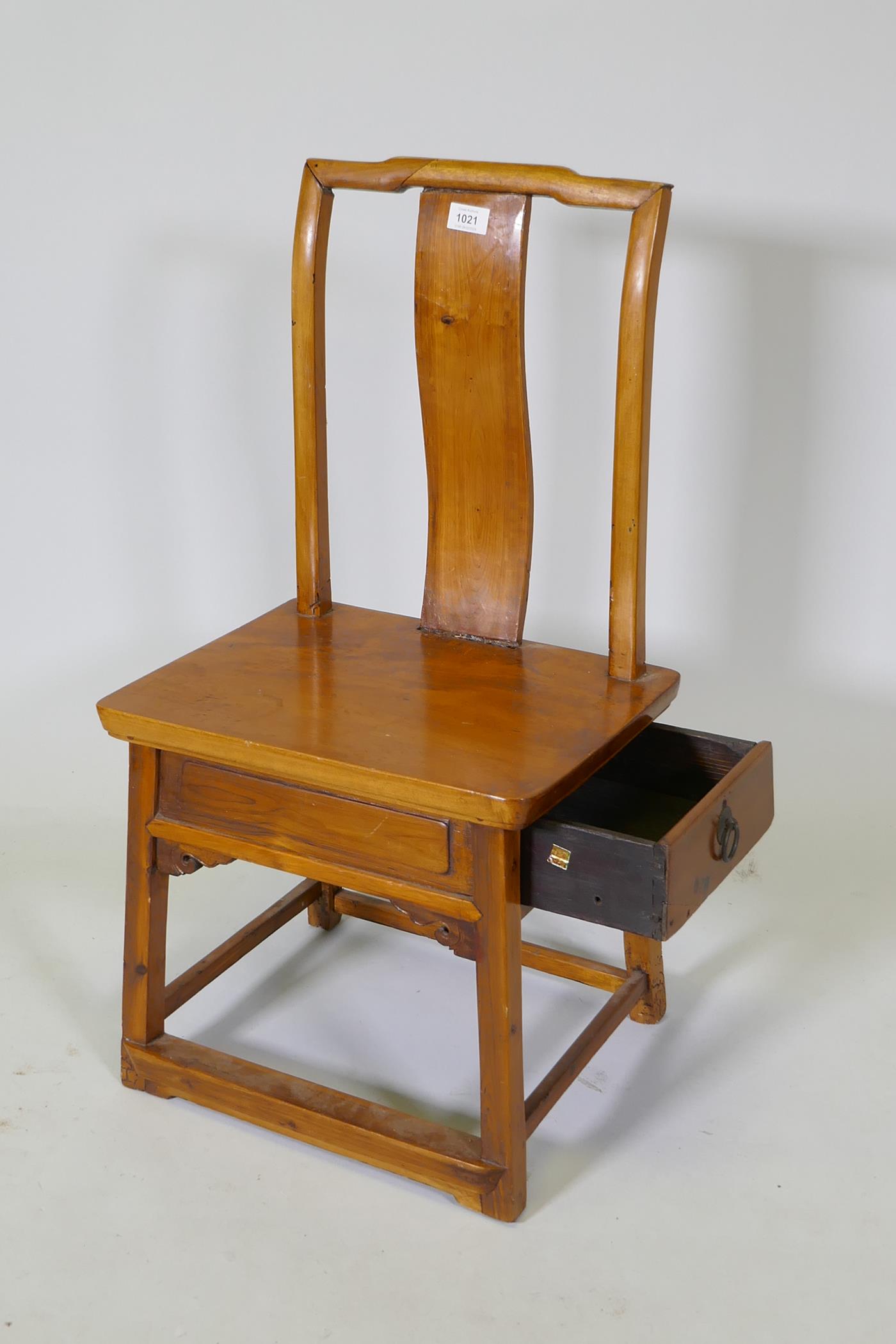 A Chinese elm low chair with single side drawer to the seat, 79cm high - Image 2 of 3