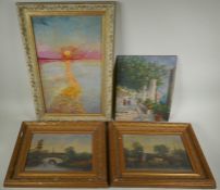 A pair of Victorian rural landscapes, oils on millboard, an Italian lake scene signed V. Canin,