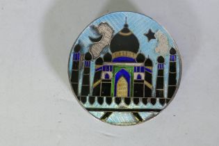 Indian white metal and guilloche enamel box and cover with decoration depicting a temple, possibly