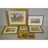 A collection of C19th and later watercolours, beach scene with fisher folk, 16 x 25cm; view of a