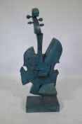 A cubist style bronze cello with a verdigris patina, 97cm high