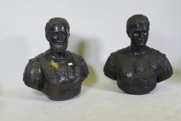 A pair of Grand Tour style bronze busts of Roman generals, 70cm high