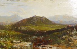 Highland landscape with sheep, unsigned, late C19th/early C20th, oil on board, 48 x 30cm
