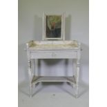 A C19th French painted dressing table, with swing mirror and three quarter marble gallery tiled