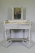 A C19th French painted dressing table, with swing mirror and three quarter marble gallery tiled