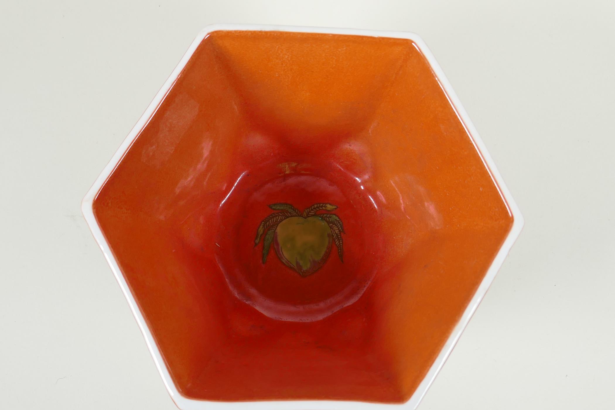 A Chinese coral red ground porcelain bowl of hexagonal form, with polychrome enamel decoration of - Image 5 of 6