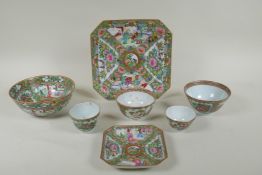 A quantity of Chinese Republic Canton famille rose porcelain bowls and dishes, largest 21 x 21cm, AF
