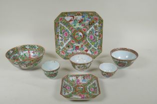 A quantity of Chinese Republic Canton famille rose porcelain bowls and dishes, largest 21 x 21cm, AF