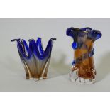 A Murano bowl, 14cm high, and vase in blue and copper colourway