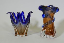 A Murano bowl, 14cm high, and vase in blue and copper colourway