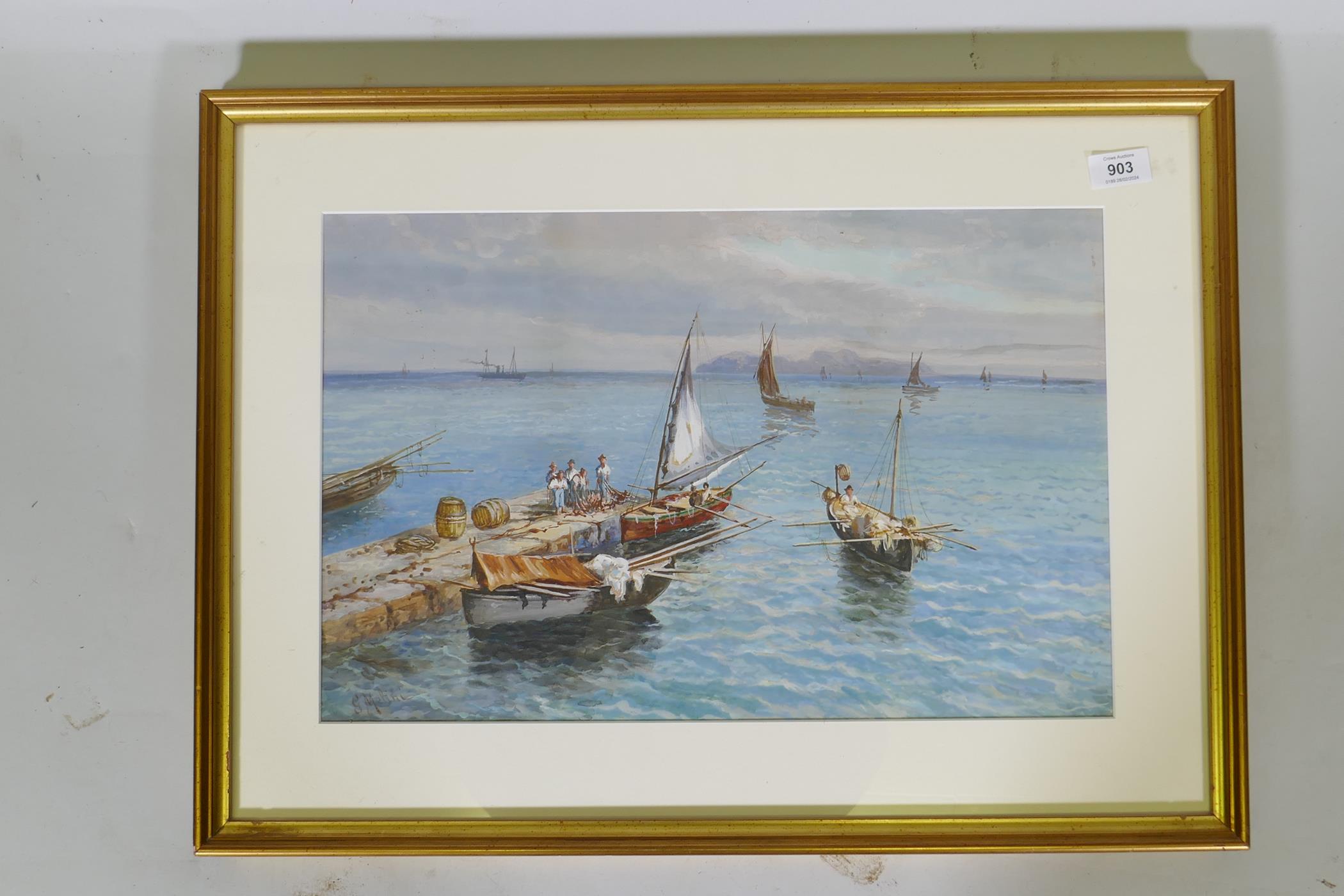G. Metini, Mediterranean scene with fishermen on the quay, signed, watercolour and gouache, 48 x - Image 2 of 3