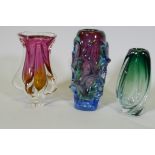 Three studio glass vases, possibly Murano, largest 25cm high, one chipped at base