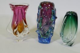 Three studio glass vases, possibly Murano, largest 25cm high, one chipped at base