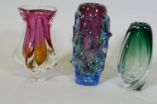 Three studio glass vases, possibly Murano, largest 25cm high, one chipped at base