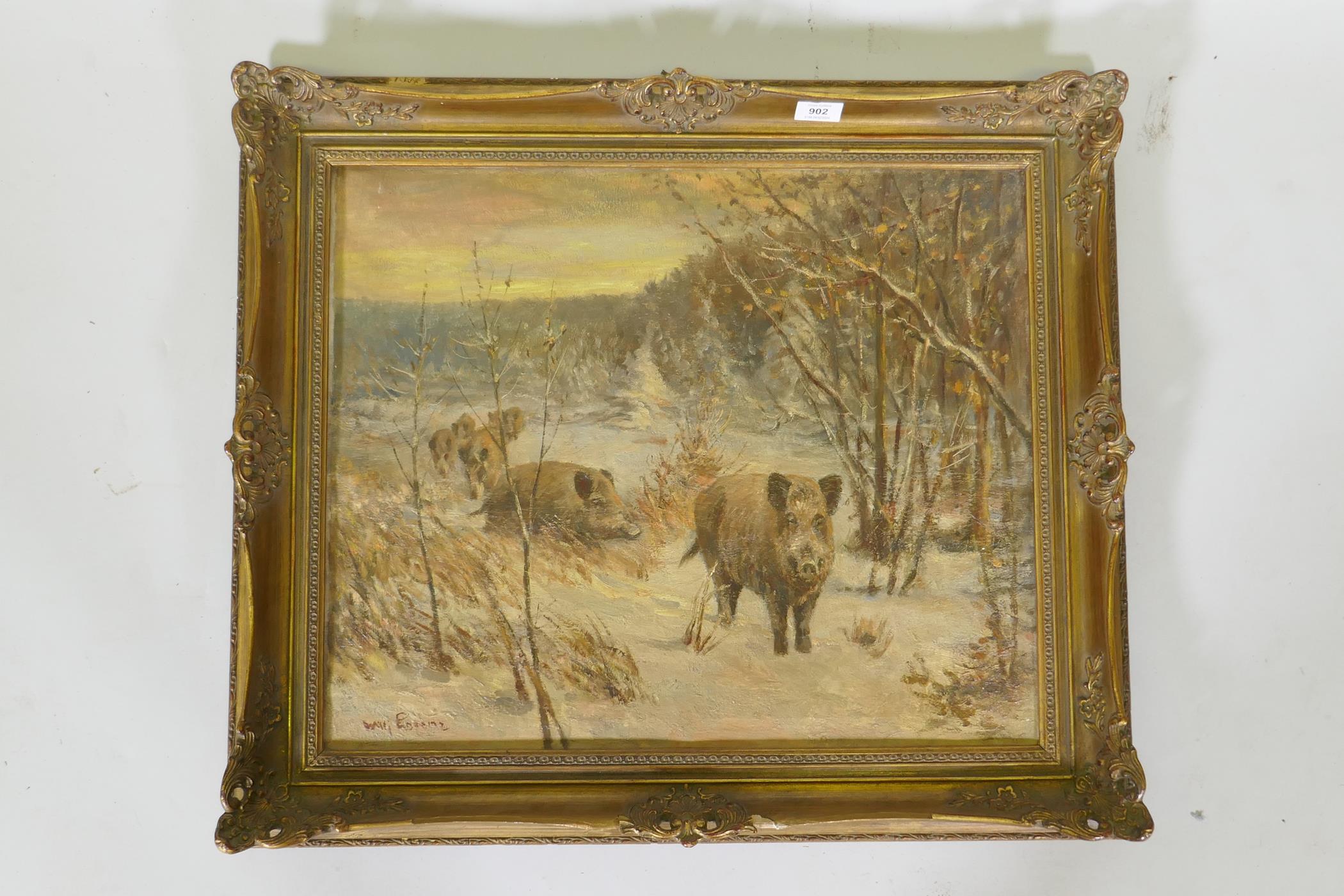 Wilhelm Lorenz, winter landscape with wild boar, signed Willi Lorenz, oil on canvas, 61 x 50cm - Image 3 of 4