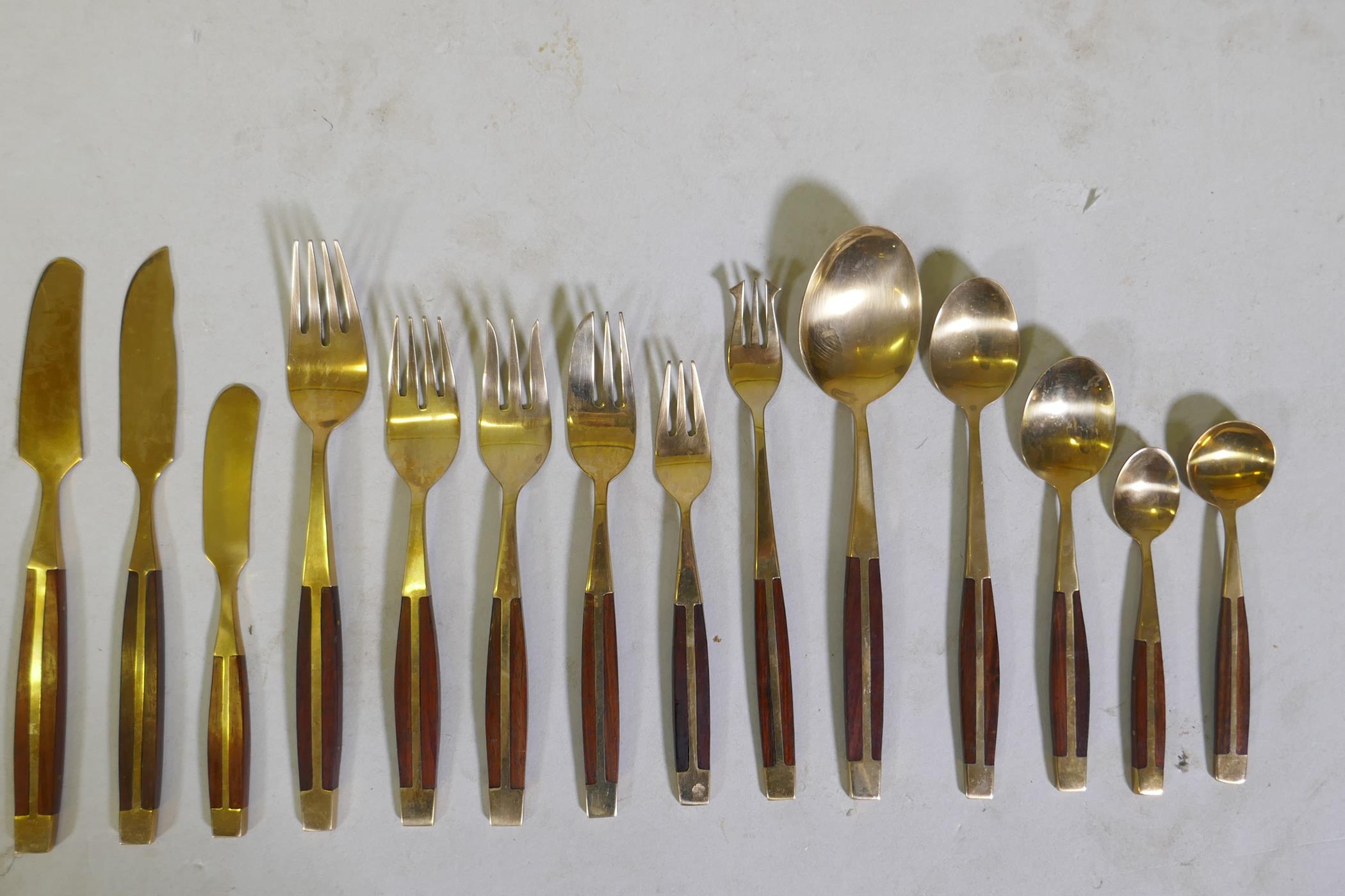 A canteen of brass and rosewood cutlery, probably Thai or Malaysian, 12 place settings - Image 7 of 7