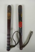An antique Manchester Special Constabulary turned wood police baton, dated 1916-1919, and another